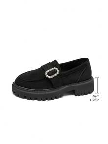New Women's Rhinestone Decorated Suede Solid Color Retro Loafers Thick Platform Serrated Sole Slip-On Wedge Pumps Fashion Versatile - Black - View 7