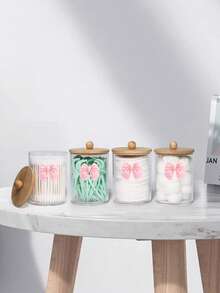 1/2/3/4 Packs Clear Bathroom Storage Jars With Bamboo Lids And Dekorative Schleife, Cotton Swab Qtip Holder, Cotton Ball And Makeup Pad Organizer For Vanity Countertop - Multicolor - View 3