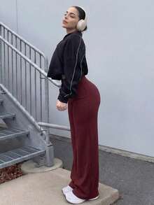 One Piece Women's Solid Color High Waist Yoga Long Loose Wide Leg Pants, Comfortable Slimming, Suitable For Running And Fitness, Versatile - Burgundy - View 3