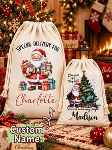 Custom Name Christmas Drawstring Gift Bag,Personalized Santa Present Storage Sack,Festive Holiday Party Decor,Cozy Fireplace Gift Holder,Customized Christmas Eve Treat Bag,Customizable Family Surprise Bag,Winter Home Celebration Keepsake Gift Bag - Style a - View 1