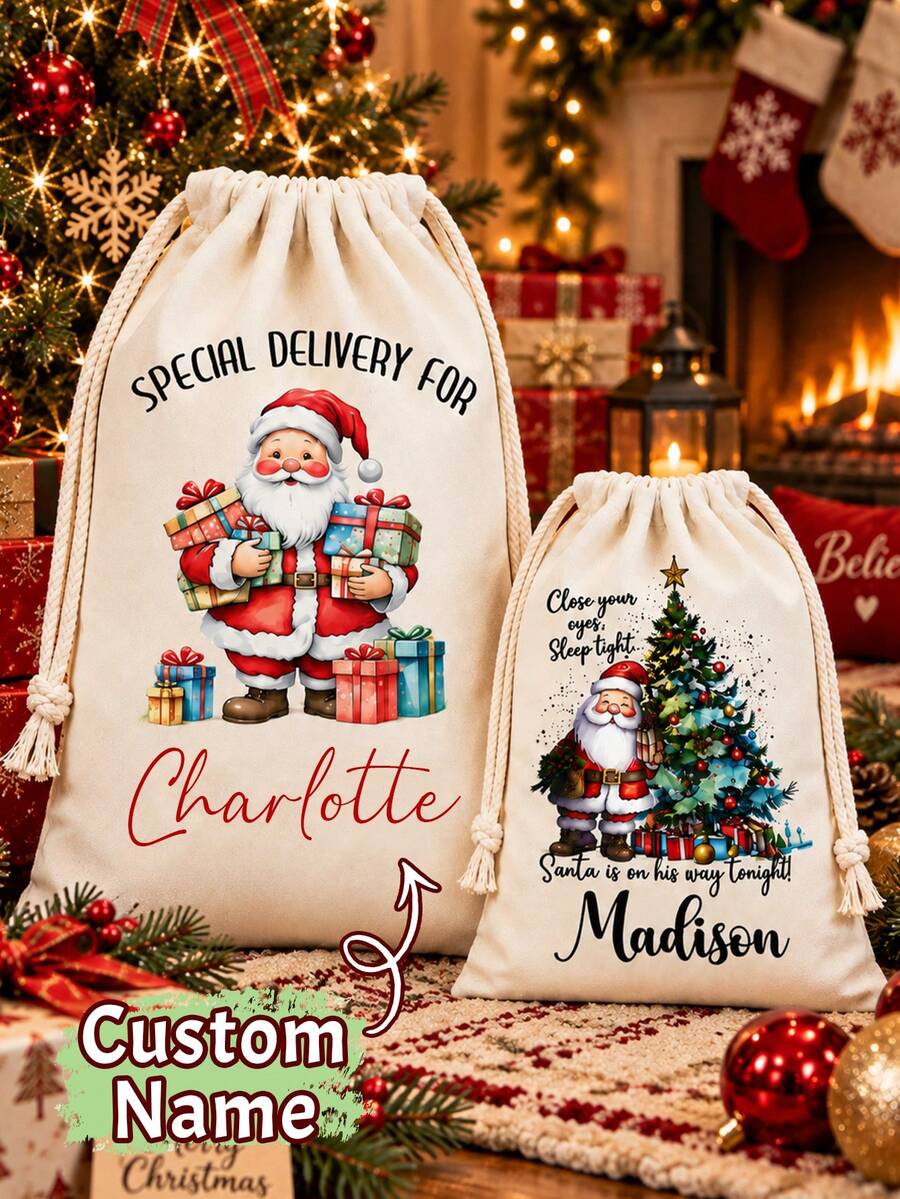 Custom Name Christmas Drawstring Gift Bag,Personalized Santa Present Storage Sack,Festive Holiday Party Decor,Cozy Fireplace Gift Holder,Customized Christmas Eve Treat Bag,Customizable Family Surprise Bag,Winter Home Celebration Keepsake Gift Bag - Style a - View 1