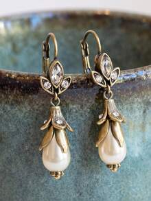 2pcs Vintage Elegant Palace Style Copper Alloy Multi-Color Leaf & Zirconia Water Drop Earrings, Suitable For Parties And Daily Outfits - Multicolor - View 6