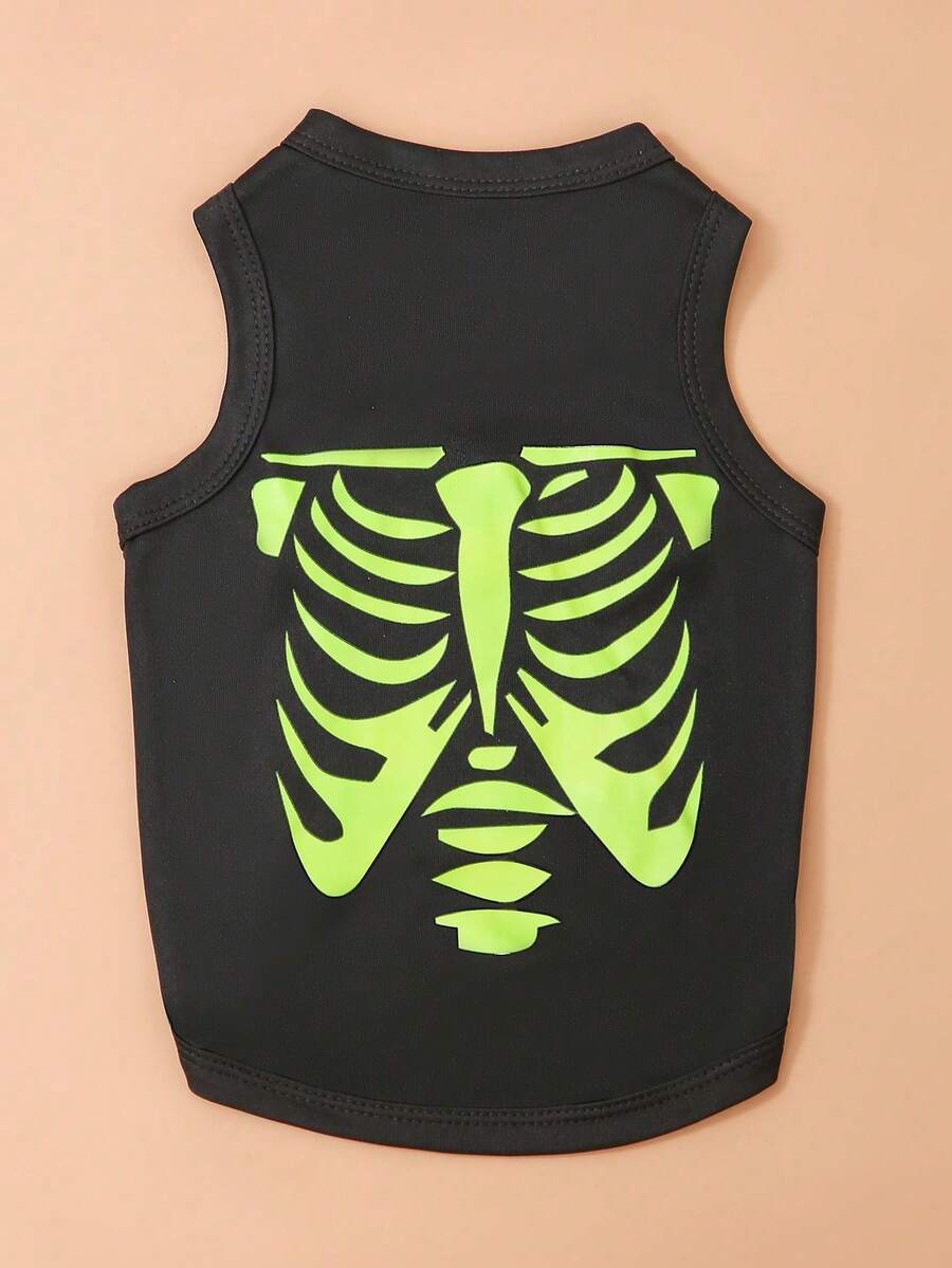 LUCKIE PAW 1pc Halloween Skeleton Print Funny Pattern Pet Vest Suitable For Small & Large Dogs Cats Indoor Outdoor - Black - View 1