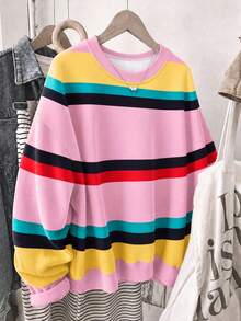 Women's Dopamine Rainbow Striped Knit Crew Neck Sweatshirt, Casual Loose Drop Shoulder Long Sleeve Top - Pink - View 6