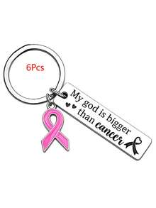 1pc/6pcs/15pcs/24pcs Breast Cancer Awareness Pink Ribbon Keychain My God Is Bigger Than Cancer Inspirational Faith Key Ring Women's Gift - Silver - View 11
