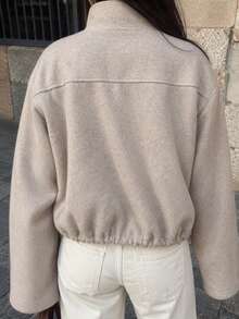 Women's Fashion Knit Cardigan, Drawstring Hem, Stand Collar With Button Front Design, Short Length Height-Enhancing Jacket, Autumn Outfit Essential - Khaki - View 2