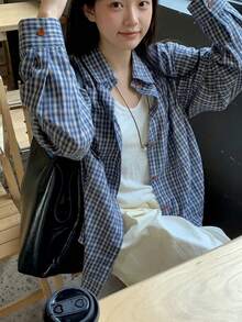 复古美式宽松格子女式衬衫，春夏休闲复古风衬衫 - 藍色 - 查看 1
