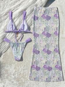 Women's Elegant Summer Purple Floral Print Bikini Two-Piece Swimsuit Set With Skirt, Suitable For Parties, Beach, Seaside Entertainment And Vacation - Multicolor - View 3