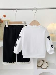 Autumn/Winter Baby Girl Cute Loose Bow Print Top & Ruffle Wide Leg Pants 2-Pieces Set, Stylish Casual Versatile For Outings - Black and White - View 2