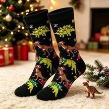 1 Pair 40cm Christmas Dinosaur Fun Mid-Calf Socks, Cartoon Jacquard Pattern, Soft & Skin-Friendly, Personalized Holiday Outfit Accessory - Black - View 1