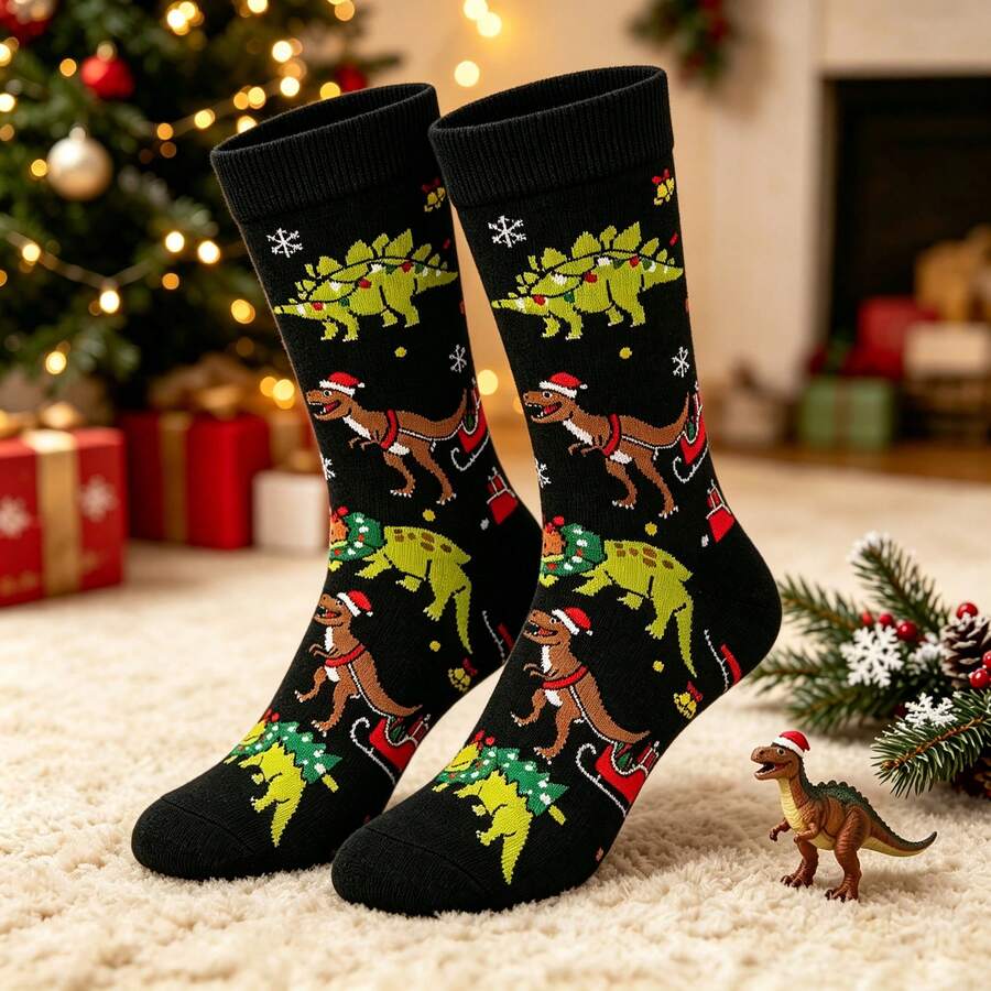 1 Pair 40cm Christmas Dinosaur Fun Mid-Calf Socks, Cartoon Jacquard Pattern, Soft & Skin-Friendly, Personalized Holiday Outfit Accessory - Black - View 1