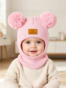 2-Ball Solid Color Baby Knitted Hat, Ear-Protective Knitted Hat & Scarf 2-In-1, Autumn/Winter Children's Hat - Multicolor - View 5