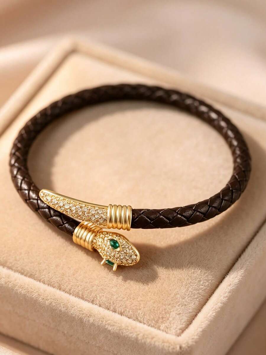 1pc Vintage Luxury Cubic Zirconia Snake Shape Open Bangle Bracelet, Unique Popular Style Copper Bracelet For Daily Wear, Banquet,Party,Christmas - Black - View 1