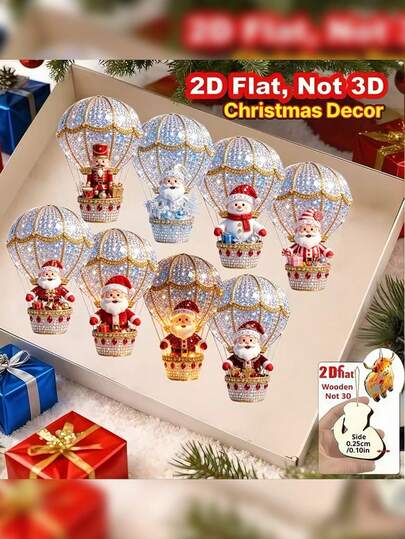 8/16/24pcs Christmas Novelty Wooden Hanging Ornaments, Christmas Hot Air Balloon Wooden Decor Hanging Home Kitchen Decoration, Christmas, Mother's Day, Father's Day, Hot Air Balloon, Santa Claus Pattern Christmas Characters, Holiday Pendant, Hanging Decoration, Practical And Beautiful Hanging Ornament, Holiday Gift.