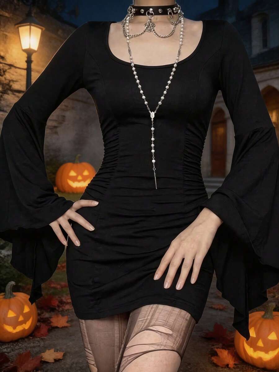 1PC Women's 2026 New Vintage Dark Gothic Women Dress,Lace-Up Slim Flared Hem Punk Vampire Halloween Costume Women Party Concert Casual Gatherings - Black - View 1