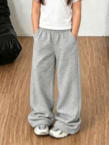 1pc Girls Casual Elastic Waist Loose Straight Pants, Comfortable All-Match Autumn/Winter - رمادي فاتح - مشاهدة 6