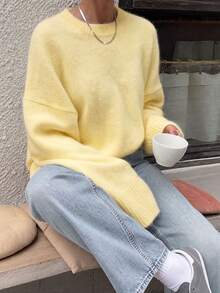女款圓領柔軟寬鬆落肩寬袖口秋冬保暖簡約休閒日常外出百搭長袖套頭毛衣 - 黃色 - 查看 2