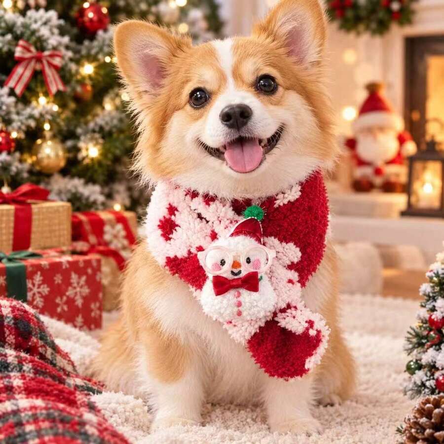 Christmas Pet Scarf, Cute Snowman Decoration, Soft Fluffy Red And White Winter Neck Warmer, Suitable For Dogs And Cats, Holiday Costume Accessory, Fit For Puppies, Small And Medium Dogs - Multicolor - View 1