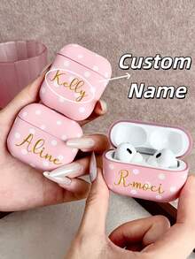 [Customized]Personalized Initials Letters Customize Simple Polka Dot Pattern Earphone DIY Earphone Case Compatible With Airpods 1 2 3 4 Pro 2 Pro 3 Simple Solid Color Cover Anti-Drop - Pink - View 2