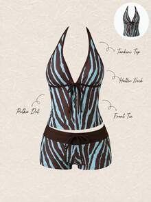 New Summer Beach Vacation Casual Style Leopard Print Halter Neck Two-Piece Swimsuit Set For Women - Multicolor - View 2