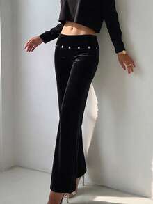 Women's Black Velour Mid Rise Wide Leg Pants Stud Detail Party Night Out Trousers - Black - View 4