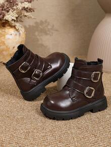 1 Pair Kids Leather Buckle Short Boots Soft PU Dual Hook & Loop + Inner Zipper Design Maillard Style Motorcycle Boots Suitable For Daily School Outdoor Autumn Winter New Arrival - Coffee Brown - View 6