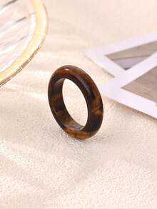 1Pc Vintage Tiger Eye Pattern Stone Band Ring For Women Men, Earthy Brown Marble Texture Finger Ring, Minimalist Unisex Jewelry For Daily Wear - 1 - View 3