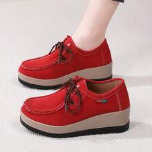 Autumn New Arrival Plus Size Canvas Shoes, Solid Color Slip-On Casual Platform Loafers For Women,Wedge Heels - Red - View 7
