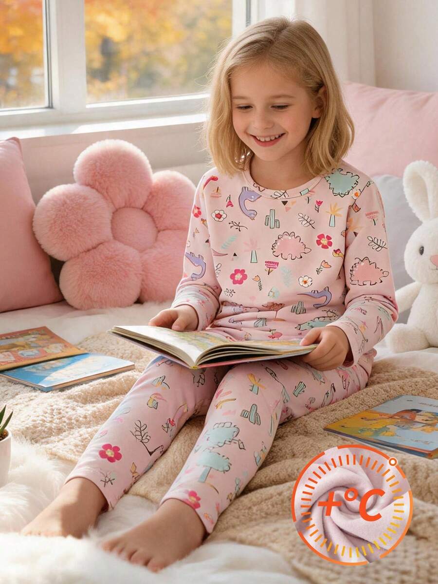 Young Girl 2pcs/Set Girls' Loungewear Long Sleeve Top And Pants Pajama Set, Thermal Lined Thick Style, Spring/Autumn/Winter, Versatile Base Layer, Fits 4-12 Years Old - Multicolor - View 1
