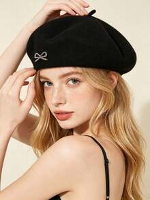 1pc Women's Wool Beret, Vintage French Solid Color Beret, Rhinestone Bow Decor, Warm Soft Felt Hat, Elegant Painter Hat For Autumn/Winter, Suitable For Daily, Party And Street Wear - Bow-tie Beret - View 4
