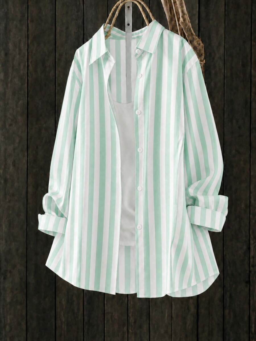 Plus Size Women's Striped Shirt, Long Sleeve Collared Button-Down Blouse, Suitable For Daily Wear - Light Green - View 1