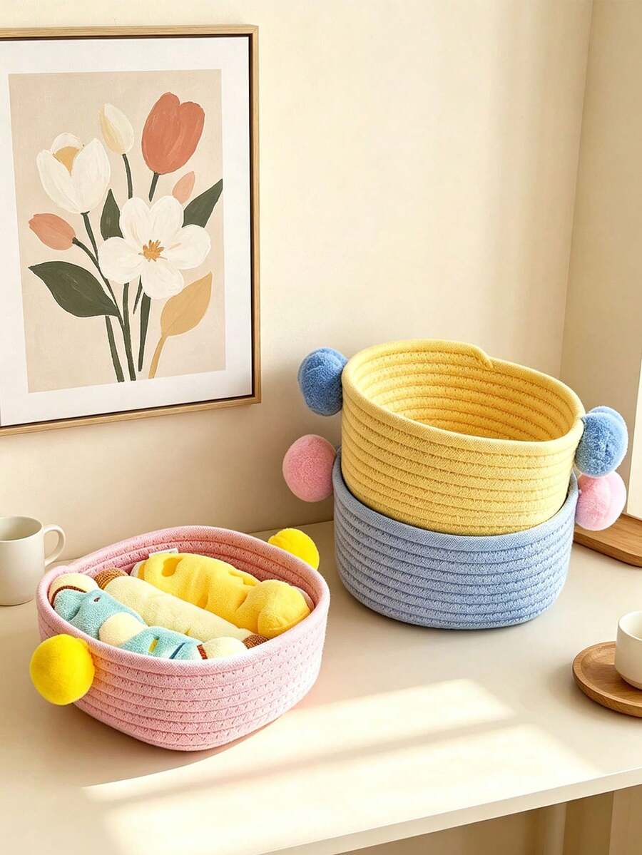 1pc Handmade Cotton Rope Woven Storage Baskets, Soft Texture, Macaron Pastel Color, Braided Weave Pattern, All Season, Minimalist Nordic Style, For Adults, Desktop, Bedroom, Home Tabletop Organizer For Cosmetics, Sundries & Toys