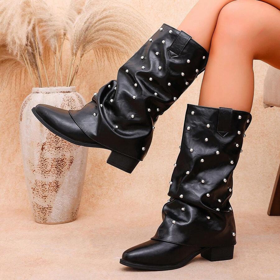 Women's Fashion Pointed Toe Low Heel Rivet Western Style Holiday Pleated Boots - Black - View 1
