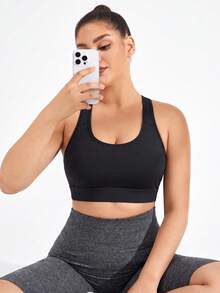 Plus Size Cross Back Sports Bra Autumn Winter Thermal Underwear Wireless Lift Support Bralette Gym Workout Crop Top Athletic Base Layer - Black - View 5