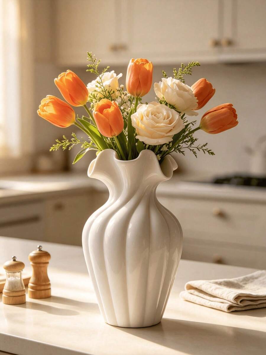 1pc Modern Wavy Vase, Carved Neck Design, Elegant Floral Centerpiece Decor, Suitable For Home Decor, Wedding Table Setting, Minimalist Living Room, Bohemian Style, Small And Large Sizes Available, Perfect For Rose And Baby's Breath Floral Arrangements