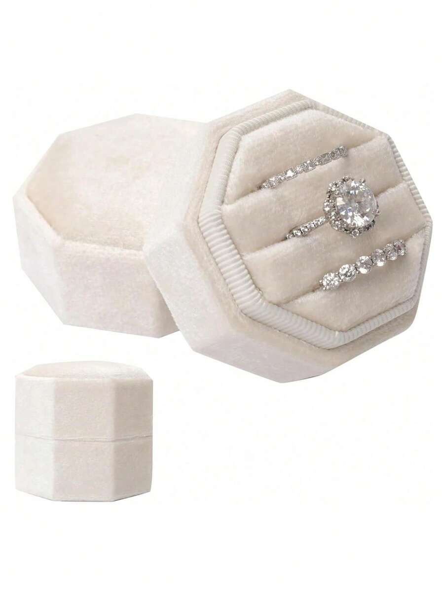 1pc Velvet Ring Box, Hexagonal 3-Slot Ring Box, Suitable For Wedding Ceremony, Can Hold Multiple Rings, White Engagement Wedding Commemorative Box, Wedding Ring Storage Box, Engagement Ring Organizer Box