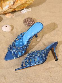 Vintage Hollow Woven Mule Sandals With Rhinestone Metal Flower Pointed Toe Stiletto High Heel Outdoor Women's Slippers - Blue - View 6
