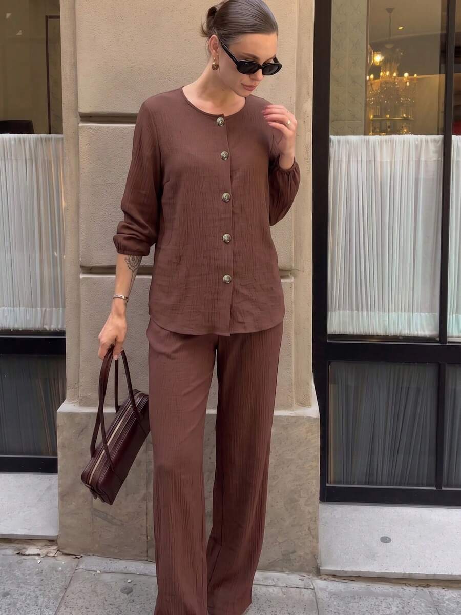 1pc Women's Spring/Autumn Solid Color Button Cardigan Lantern Sleeve Long Sleeve Pants Set, Fashionable Comfortable Loose Skin-Friendly Loungewear - Coffee Brown - View 1