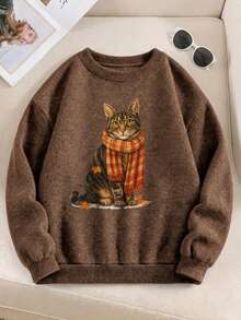 Women's Plus Size Sweatshirt, Cat Print, Regular Sleeve Crew Neck Brown Pullover Sweatshirt, Autumn Casual Wear - Brown - View 1