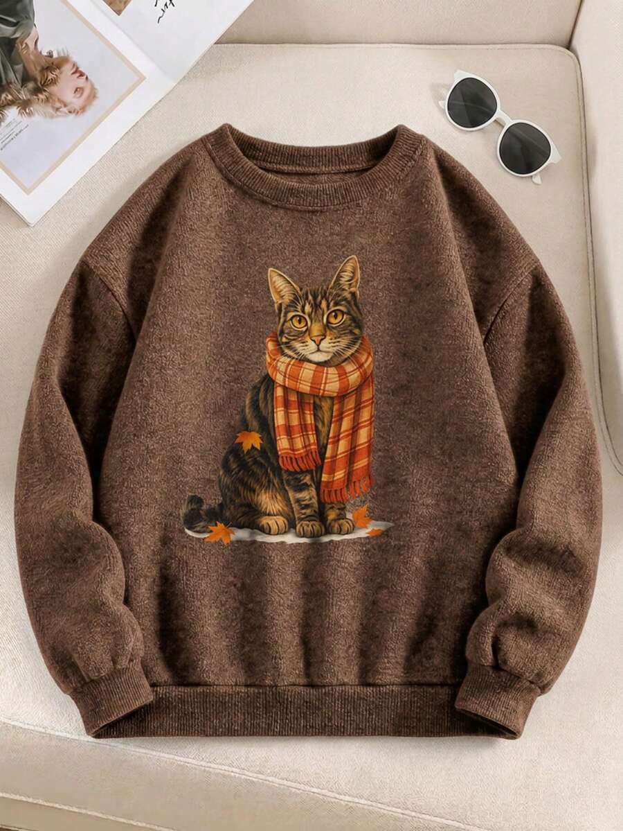 Women's Plus Size Sweatshirt, Cat Print, Regular Sleeve Crew Neck Brown Pullover Sweatshirt, Autumn Casual Wear - Brown - View 1