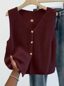 Women's Plus Size Versatile V-Neck Knit Vest, Spring/Summer Fashion Item, Button Front Open Sleeveless Cardigan Knit Top - Jujube Red - View 1