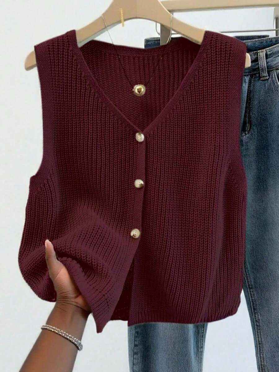 Women's Plus Size Versatile V-Neck Knit Vest, Spring/Summer Fashion Item, Button Front Open Sleeveless Cardigan Knit Top - Jujube Red - View 1