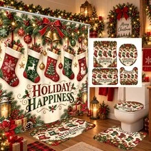 1pc/4pcs Christmas Stocking Pattern Multi-Functional Bathroom Decor Shower Curtain Set Free 12 Hooks Premium Holiday Atmosphere Bathroom Mat U-Shaped Floor Mat And Round Toilet Lid Cover Suitable For All Scenes Decoration Bathroom Set - Christmas Stockings - View 1