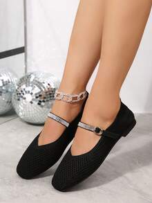 One-Strap Mary Jane Flat Shoes, Mesh Upper, Ankle Strap With Rhinestone Decoration - Black - View 5