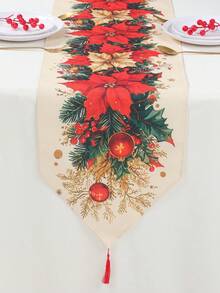 1件裝聖誕亞麻波斯菊桌旗帶流蘇，183*33cm聖誕桌布，紅金波斯菊與冬青莓果圖案，桌布，聖誕快樂，聖誕裝飾，聖誕裝飾，聖誕裝飾，聖誕餐桌裝飾，廚房餐桌裝飾，節日餐桌中心裝飾，節日派對裝飾，冬季家居裝飾，室內外通用 - 彩色 - 查看 5