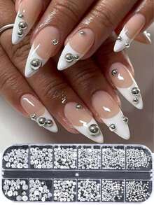 12-Grid Gold & Silver Pearl Nail Art Decor, Mixed Size Faux Pearl Half-Sphere Flat Back Nail Decorations, DIY Handmade Y2K Christmas Nail Accessories - Multicolor - View 3