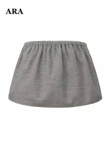 ARA CHIC Women's Gray Casual Mini Skirt, Elastic Waist Drawstring A Line Short Skirt, Soft Loose Vacation Weekend Everyday Skirt - Grey - View 10