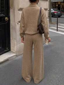 Live To Mo Women's V Neck Knit 2‑Piece Outfit, Loose Long Sleeve Sweater Top & Wide‑Leg Trousers, Simple Elegant Suit For Fall Daily & Commute Wear - Khaki - View 2