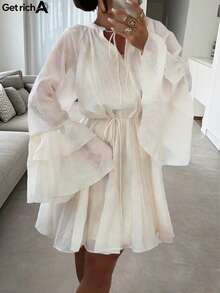 2026 Summer Women's Vacation Dress, Flare Sleeve Skirt, Loose A-Line Cut Spring/Summer Series White Elegant - White - View 4