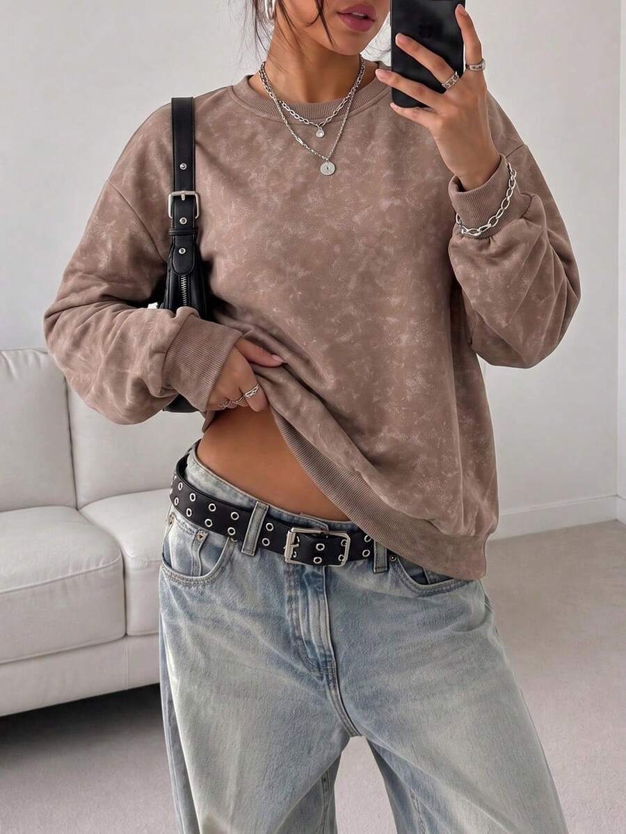 1pc Women's Solid Color Washed Loose Crew Neck Sweatshirt, Versatile American Casual Pullover, Suitable For Travel, Gatherings And Daily Wear - Brown - View 1